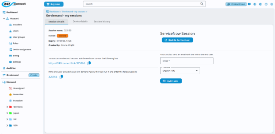 247connect On-demand session page showing session details, invite link and code, and option to email the user.